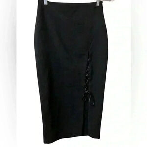 Zara Side Slit Lace Up High Waisted Midi Skirt Black Solid Pencil